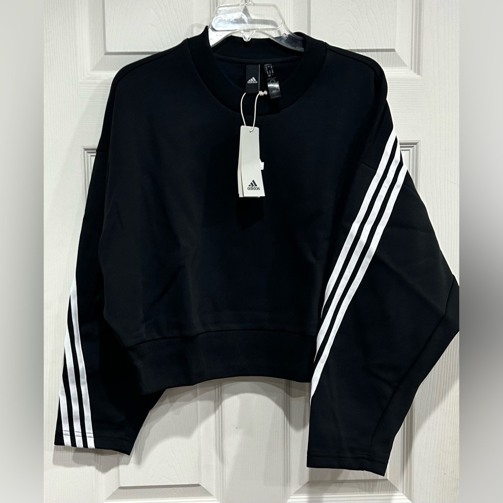 adidas Women's L Large Future Icons 3-Stripes Crew Sweatshirt Black White NWT